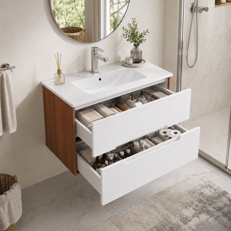Meuble-lavabo mural 32 po blanc et noyer avec tiroirs à fermeture en douceur et lavabo en porcelaine