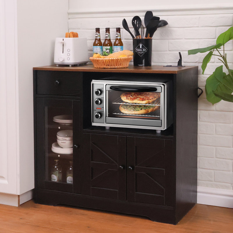 Alianne 35.4'' Narrow Sideboard Server Kitchen Food Pantry with Drawer, Microwave Cube and Outlet, Black/Brown