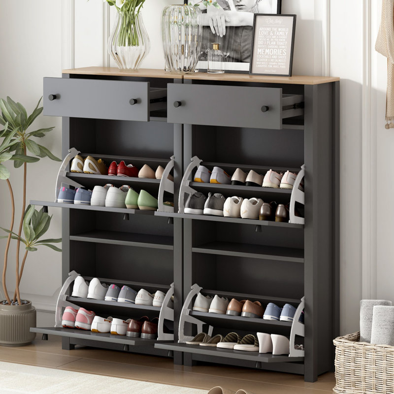 Slim Tipping Bucket Shoe Cabinet Set with 4 Flip Drawers