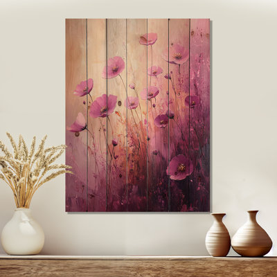 Pink Summer Breeze Wildflowers II - Wildflowers Wood Wall Art - On Natural Pine Wood