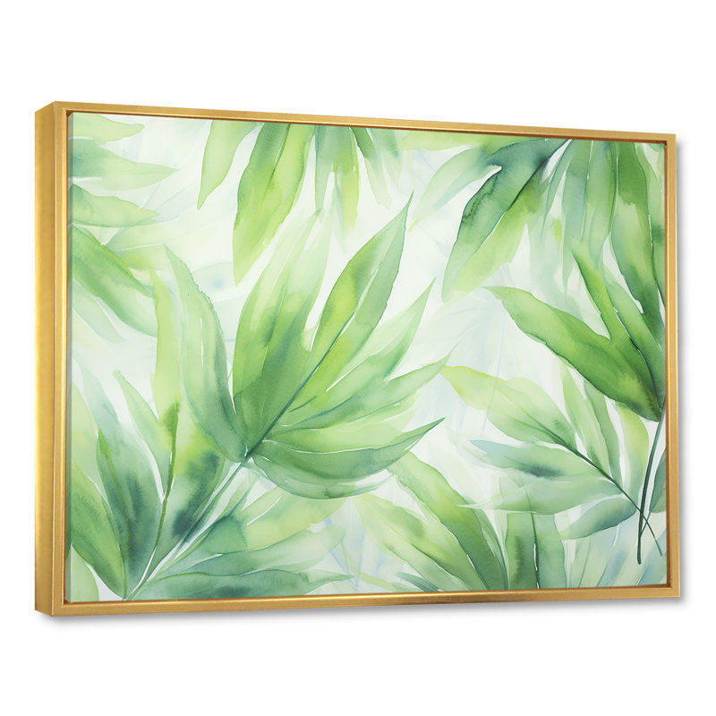 Vert tropicale vert en couleur pastel - Collages abstraits, art mural, Cadre flottant doré, H 34 po x l 44 po x P 1,5 po