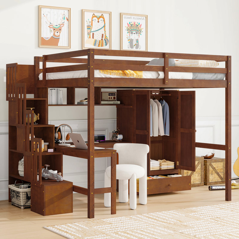 Full Size Loft Wood Bed With Desk, Book Shelves And Wardrobe With Doors And Drawer, Built-In Staircase With Storage Shelves, Loft Bed With Safety Guardrails And Solid Slats,Walnut