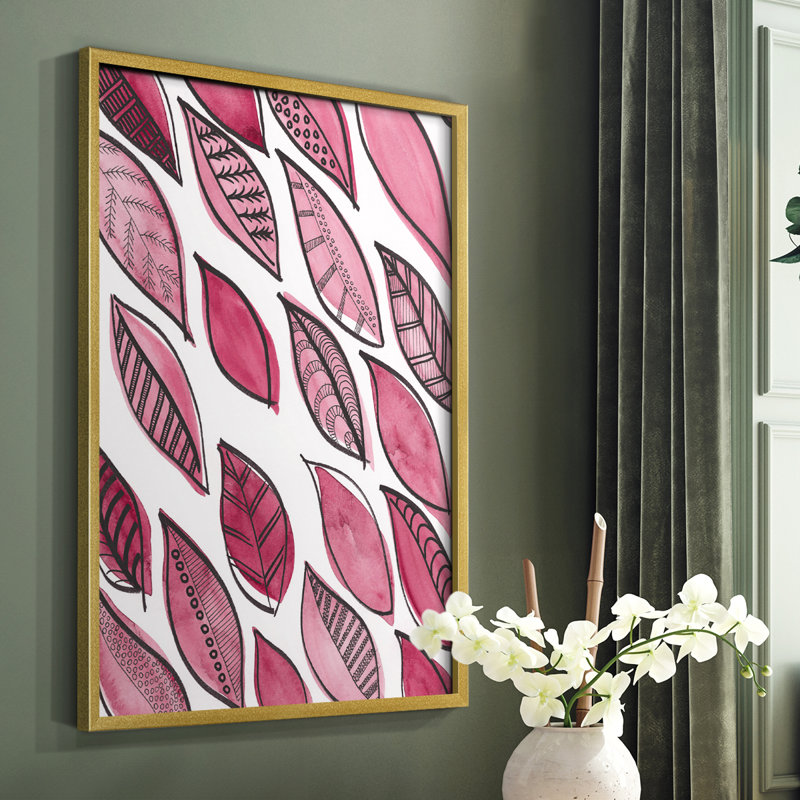 Reproduction encadrée de motifs de feuilles à motif III - bois massif, Cadre doré simple, H 10 po x l 8 po