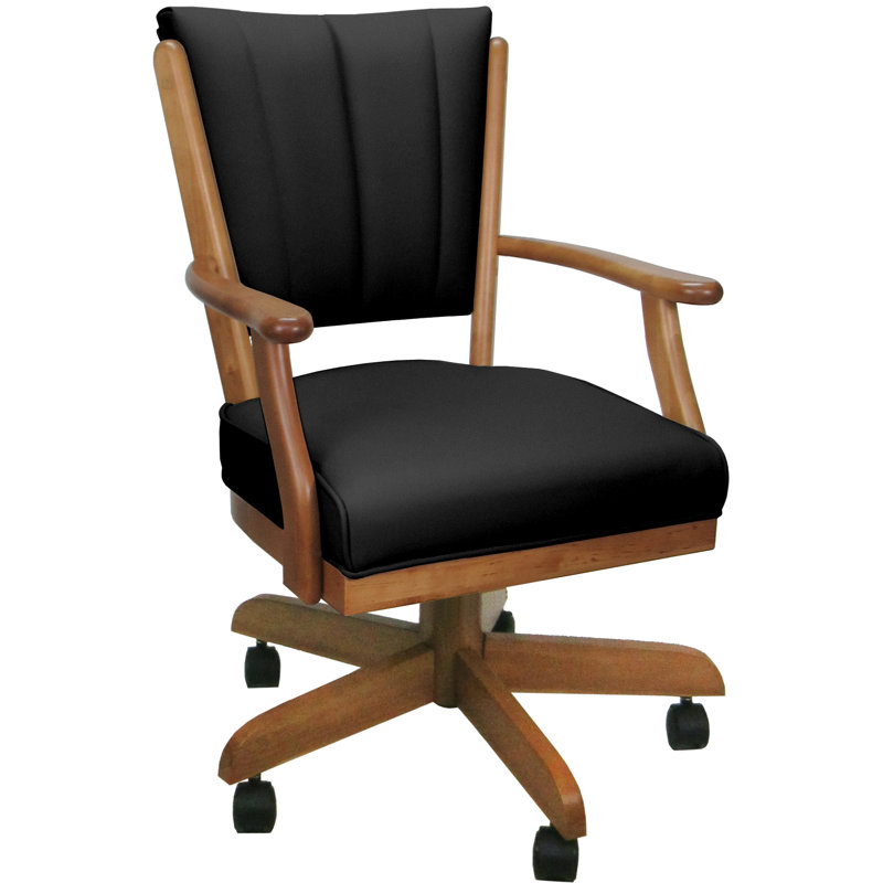 Leather Solid Wood Dining Caster Chair, Brown Wood, Black