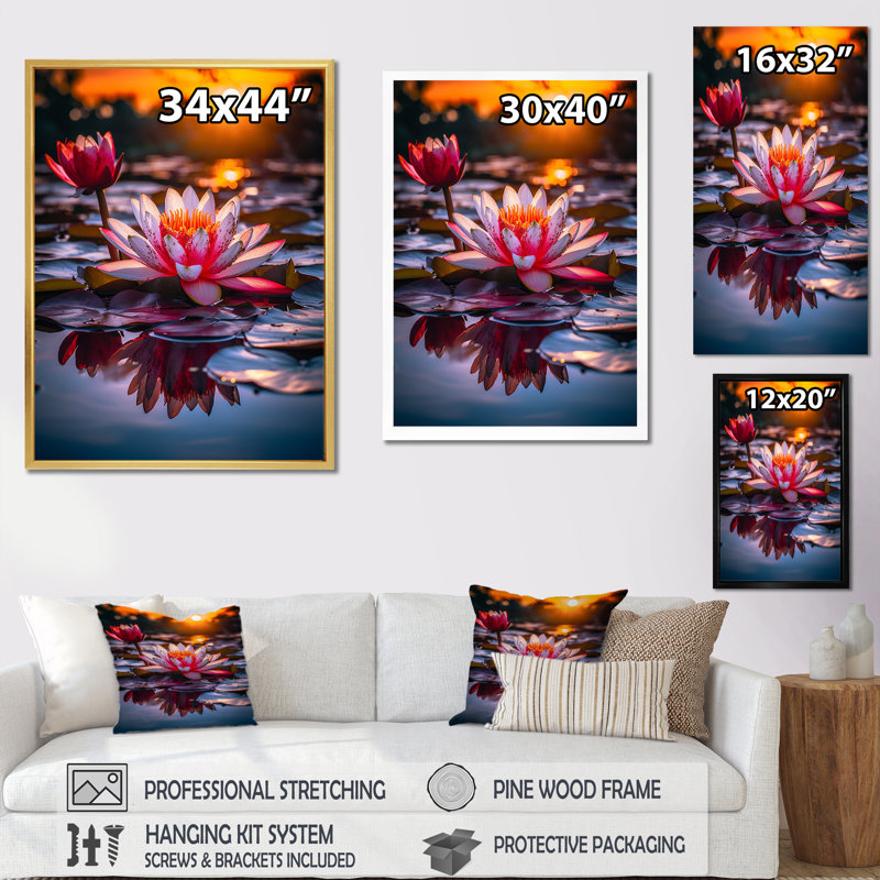 " Lotus Pond At Sunset ", 40" H x 30" W x 1.5" D, Gold Floater Framed