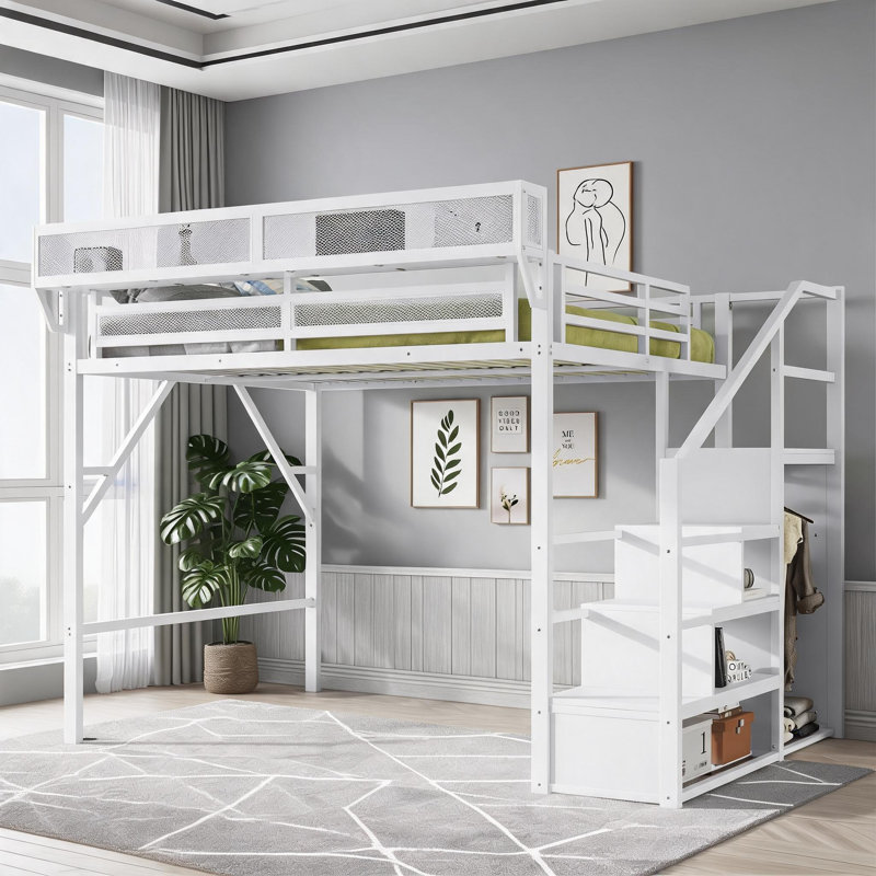 Clean White Metal Queen Size High Loft Bed, Storage Integrated Sleeping Frame for Kids and Teens Small Bedrooms, Queen