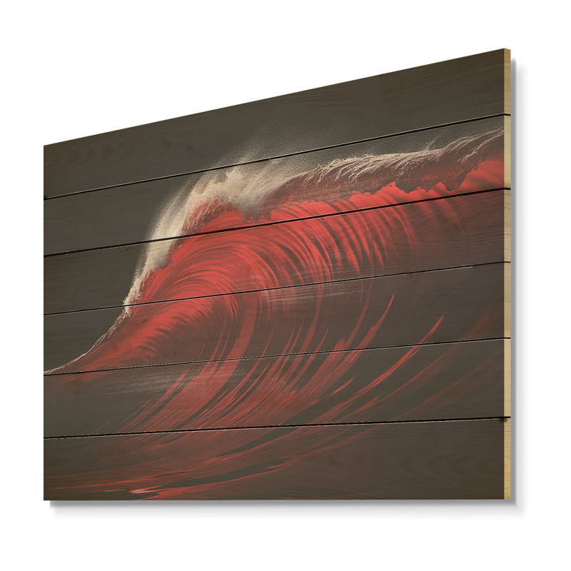 Minimalism Black Red Wave Scenery I - Coastal Wood Wall Art On Natural Pine Wood, 30" H x 40" W