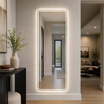 Miroir à DEL pleine longueur, miroir de corps mural lumineux avec deux bandes de lumière givrées, 3 températures de couleur et gradation continue, miroir de coiffeuse HD