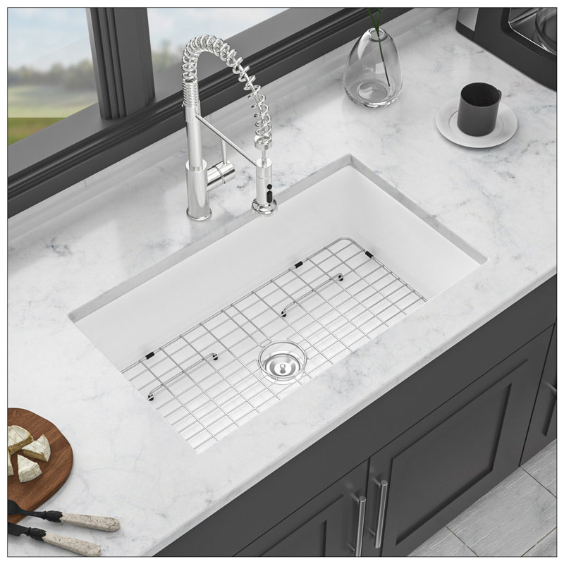 32 Inch Undermount Single Bowl Ceramic Kitchen Sink - Durable and Easy to Clean White Ceramic Basin