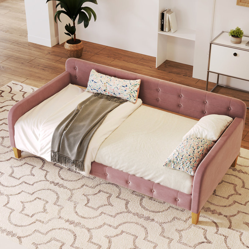 Twin Size Upholstered Daybed with 4 Support Legs, Twin, Pink