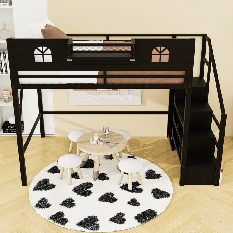Metal Loft Bed with Stairs and Wardrobe, Queen