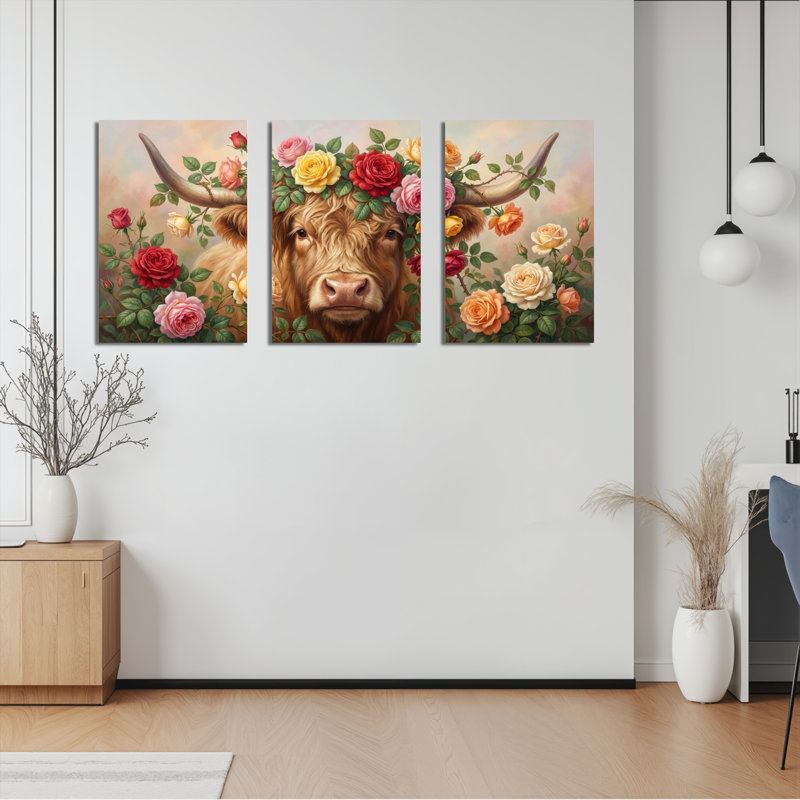 Ensemble de 3 tableaux muraux sur toile tendue représentant un taureau et une couronne de roses, 2436