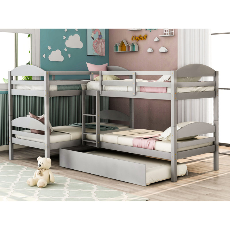 Lit superposé simple en forme de L gris avec lit gigogne - et ajout de chambre fonctionnelle longue durée