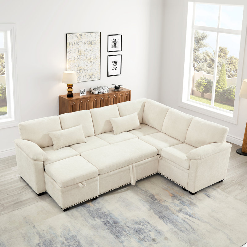 Canapé modulaire 97 po en chenille beige de 97 po avec 7 sièges, espace de rangement pour tissu vivant et en forme de L