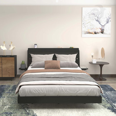 Cadre de lit flottant grand avec lumières DEL et station de charge, cadre de lit grand en bois avec tête de lit, aucun sommier requis, assemblage facile, noir.