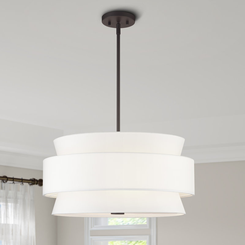 5 Light Bronze Pendant Chandelier With Hand Crafted Off-White Fabric Hardback Shades, Bronze Pendant