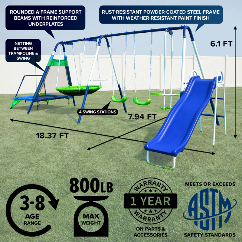 Sportspower Mountain View Metal Swing Set with Glide Ride, Saucer, Trampoline, and Lifetime Warranty