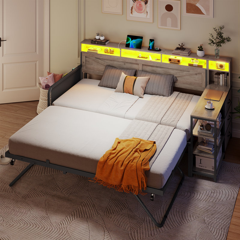 Lit de jour simple avec lit gigogne escamotable, structure de lit de jour en bois de ferme avec 3 tiroirs de rangement et tablettes, lit de jour simple avec station de charge et lumières DEL pour la chambre à coucher, la chambre d'amis