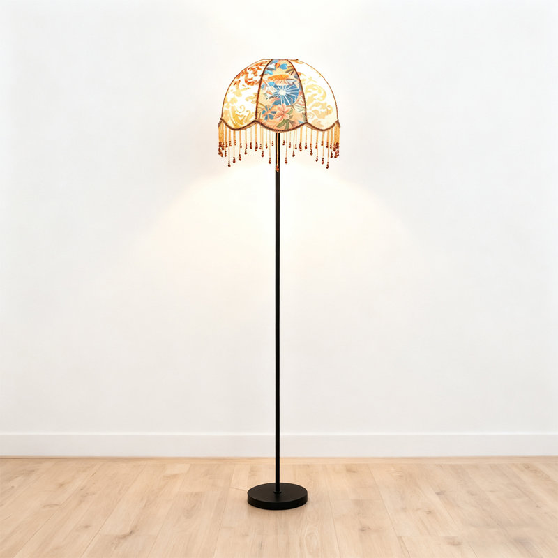 French Retro-Style Wrought Iron & Fabric Floor Lamp, Orange