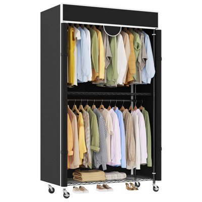 Heavy Duty Clothes Rack with Cover, 485lb Capacity, Rolling Portable Closet Wardrobe, Carbon Steel, Dustproof, Tool-Free Assembly, Black