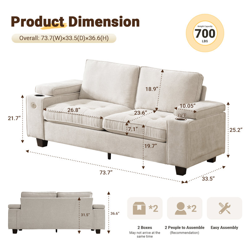 Canapés rembourrés 73,7 po Modern Luxury Luxury, H 36,6 po x l 73,7 po x P 33,5 po, Beige