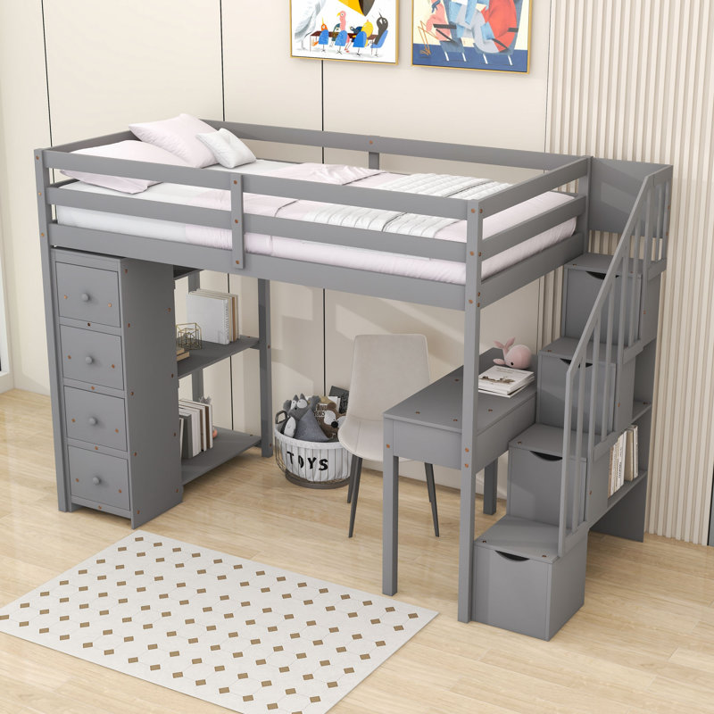 Helson Kids Twin 6 Drawers Wood Loft Bed with Built-in Desk and Shelves, Gray