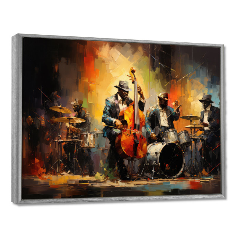 Beira jaune orange Jazz Band - art mural de danse pour le salon, H 30 po x l 40 po, Reproduction avec cadre flottant