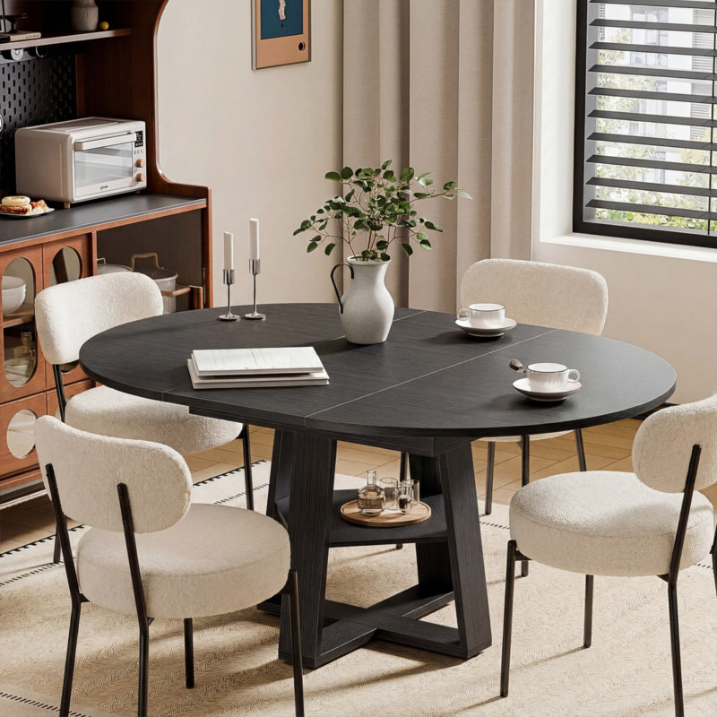 Extendable Dining Table & Chairs Set, Modern Kitchen Table With Seating, Beige, 5 Pieces: Table, 4 Chairs, Black