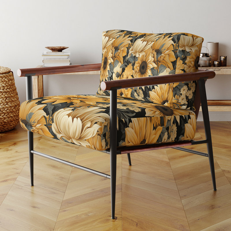 Fauteuil d'appoint rembourré rustique à motif de tournesol jaune I