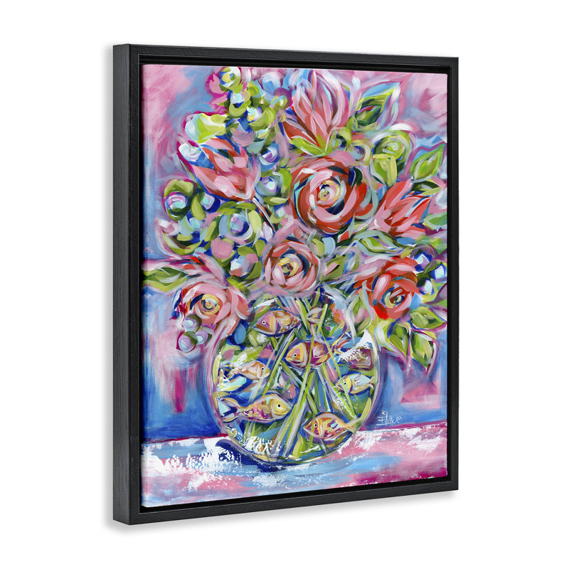 «Roses & Goldfish Vase», art mural sur toile flottante noire par Estelle Grengs, Cadre flottant noir de jais