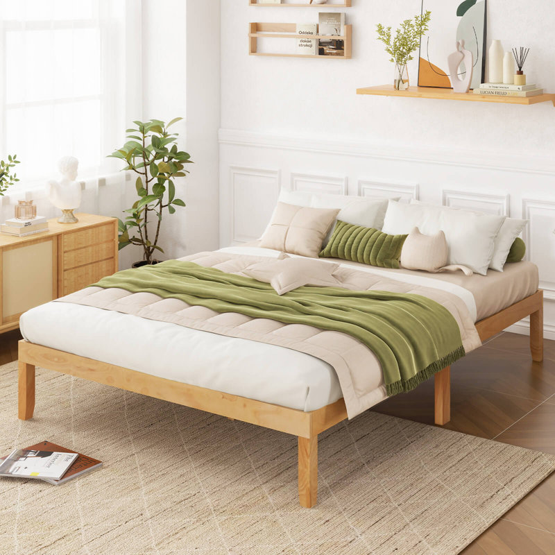 Base de lit plateforme en bois 14 po avec pieds en bois d'hévéa, Beige, Double