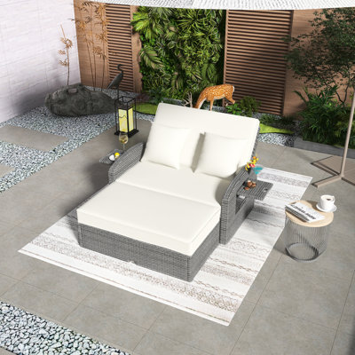 Outdoor PE Wicker Rattan 2-Person Daybed,Double Chaise Lounge,3-Height Adjustable Back ,Cup Trays,Footrest With Storage Function，Rust-Resistant Steel Frame, Free Furniture Protection Cover，Easy To Install