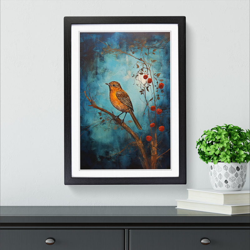 Robin Bird Expressionism - Single Picture Frame Print on Wood, 46cm H x 34cm W x 2cm D, Black