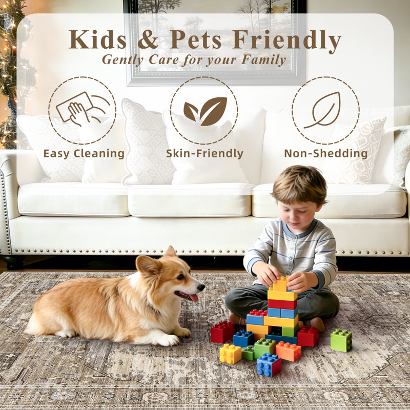 Washable Area Rugs - Large Rugs for Living Room Stain Resistant Carpet Vintage Rugs for Bedroom with Non Slip Backing Home Decor Floor Decoration Mat