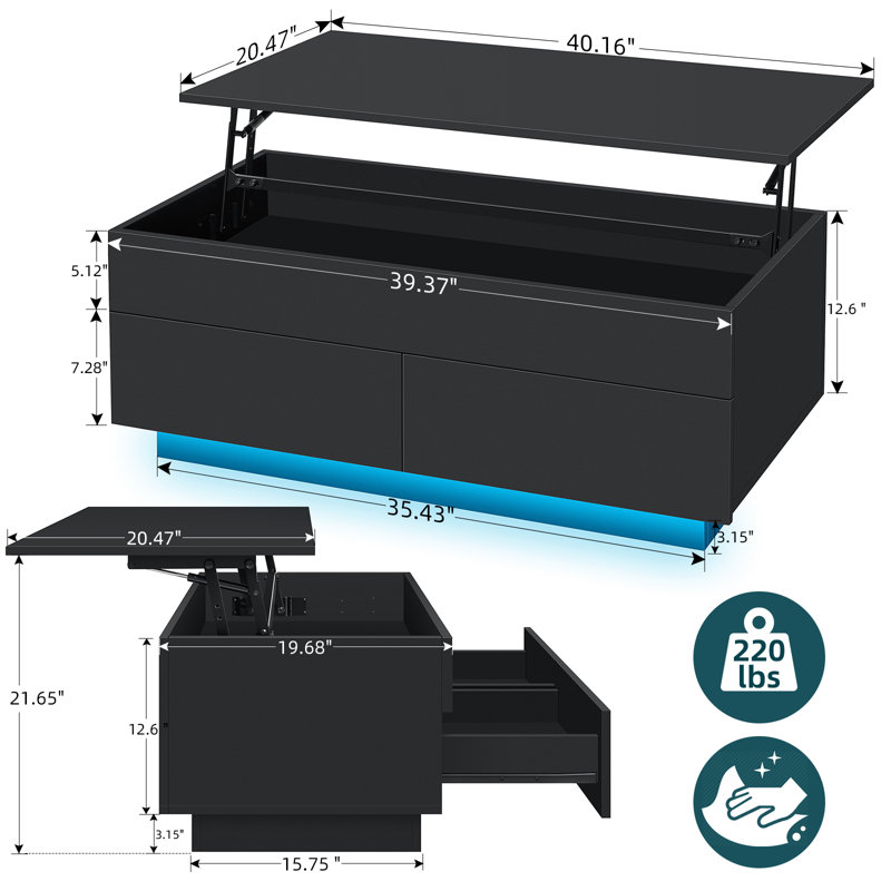 Awer Modern Lift Top  Coffee Table with 2 Drawers, Black