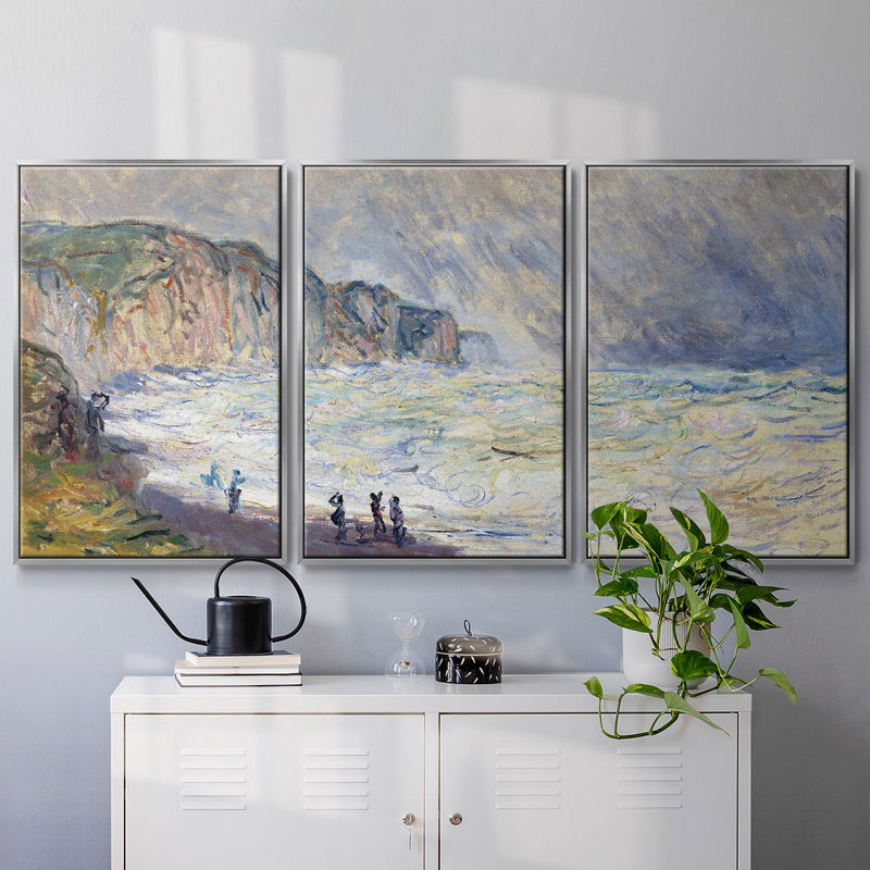 Monet - 3 pièces, reproduction encadrée sur toile, H 40 po x l 78 po x P 2 po, Argent