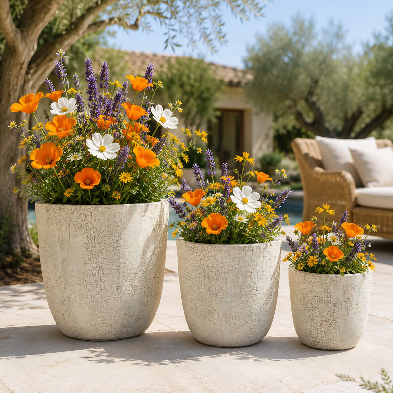 3-Piece Crackle Stone Texture MGO Planter Set with Drainage Holes for Patio Garden Balcony Indoor Outdoor, Beige