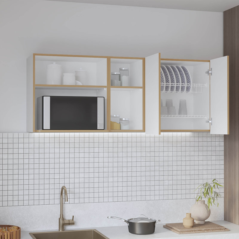 Armoire murale en panneau de fibres à densité moyenne de 59 pouces de largeur à deux portes avec quatre tablettes et support à vaisselle pour la cuisine, le garage et la salle de lavage