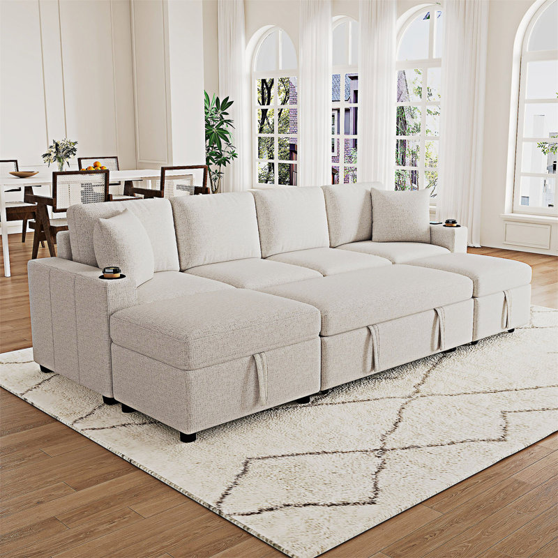 Canapé-lit modulaire convertible avec rangement et repose-pieds, Chenille beige