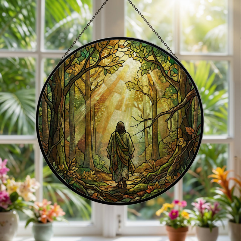 Forest Path Stained Glass Window Panel，7.8H, 7.8"H