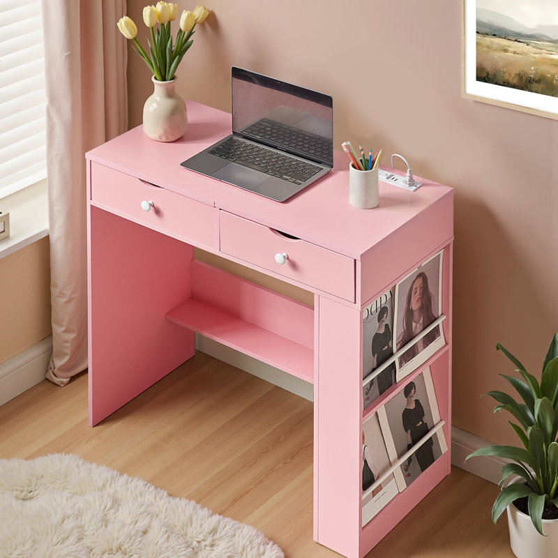 Modern Flip Up Mirror Makeup Vanity, Dressing Desk with Drawer and Open Shelves, Vanity Table With Lighted Mirror And Charging Station for Bedroom, Writing Desk with Hidden Storage