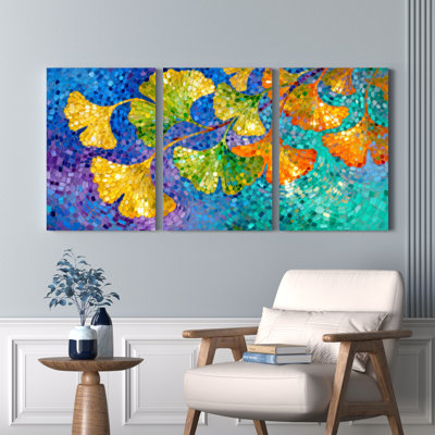Ensemble de 3 tableaux muraux sur toile à motif mosaïque de feuilles de ginkgo, pour salon, chambre et décoration intérieure.
