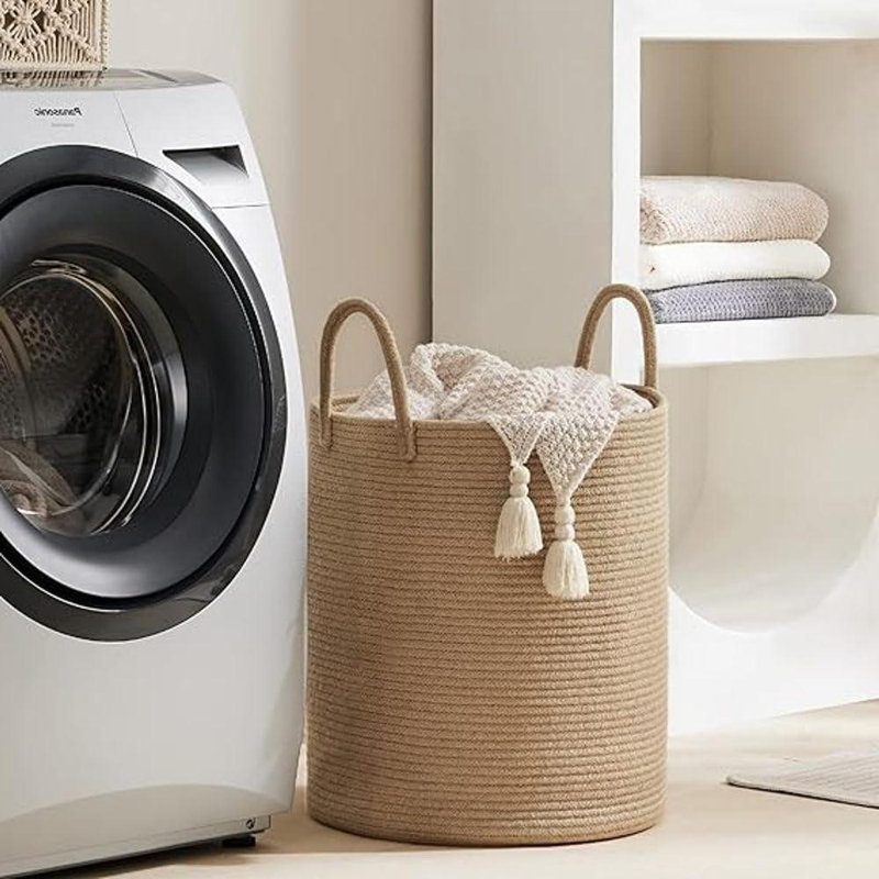 Panier de rangement haut en corde de coton tissé, H 20 po x l 15 po x P 15 po, Sable
