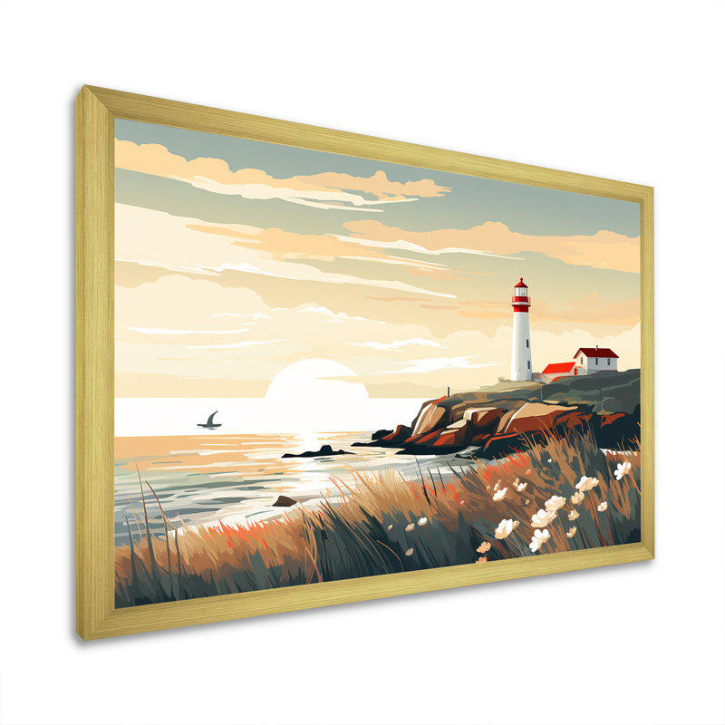 «Coastal Light House Scenery Minimali 7F63801D», reproduction sur toile, Cadre doré simple, H 12 po x l 20 po x P 1 po