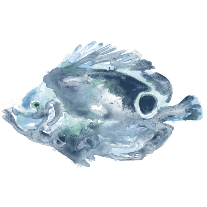 Blue Ocean Fish IV - Painting on Canvas, 30cm H x 46cm W, Black Floater Framed