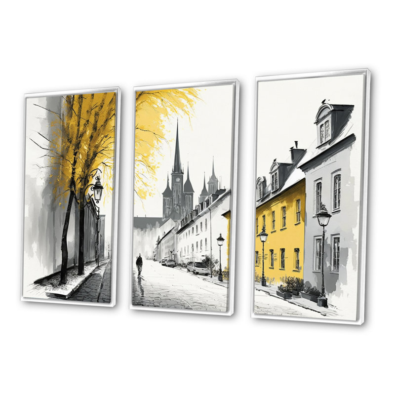 «Old Québec Cityscape I», reproduction sur toile 3 pièces, H 32 po x l 48 po x P 1 po, Cadre blanc