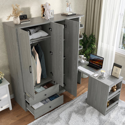 Callen Multifunctional 2-Door Wardrobe With Convertible Desk And Storage Drawers, Durable Wooden Construction, Space-Saving Design