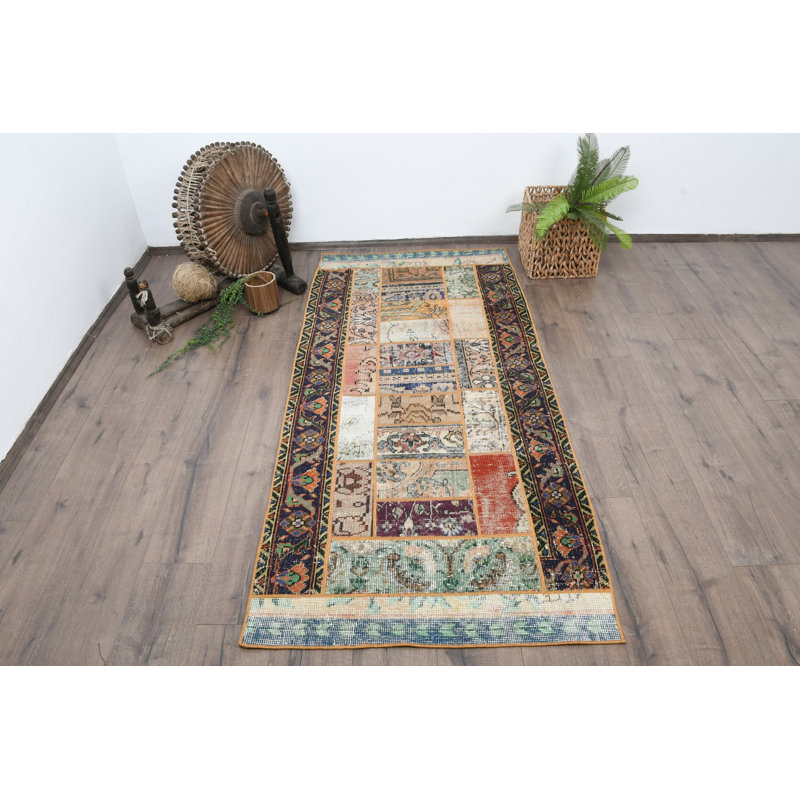 Modern Beige Wool Patchwork Accent Rug, 35x76.8 Inch Rug