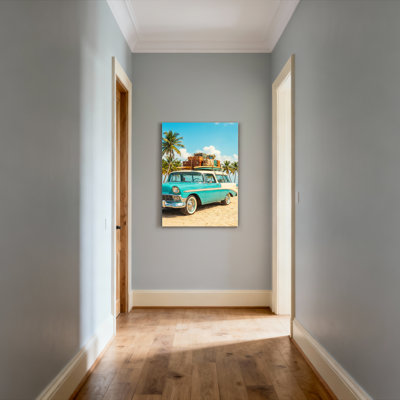 Ensemble de 1 tableau sur toile représentant une voiture vintage sur une plage avec des palmiers.