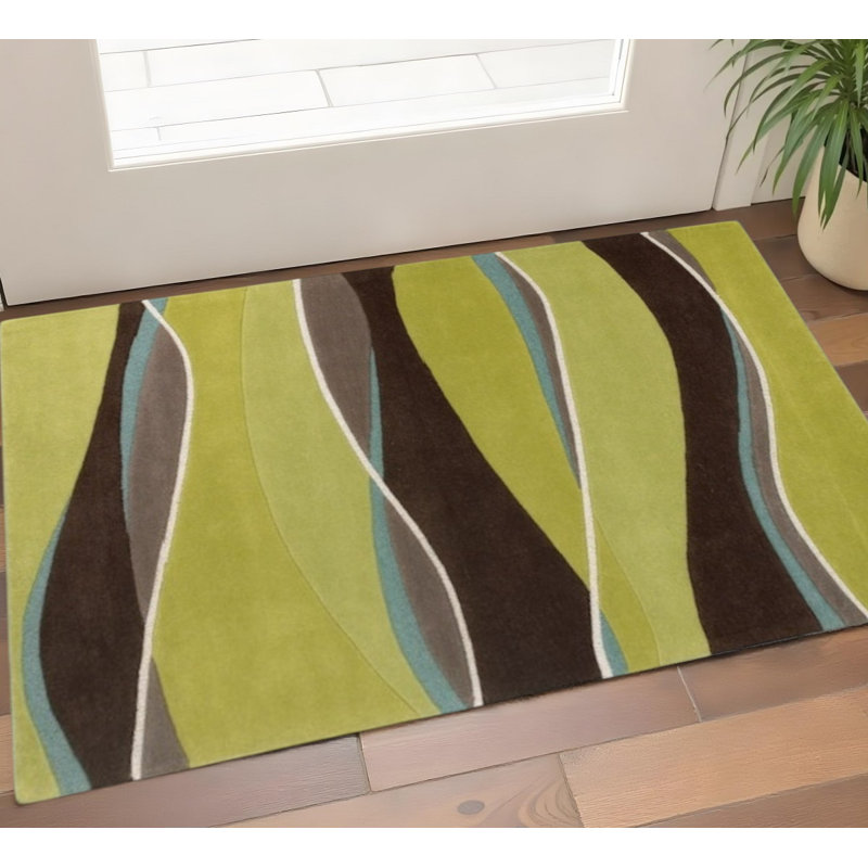 Tapis brun touffeté à la main 3 pi x 5 pi vert lime et bleu